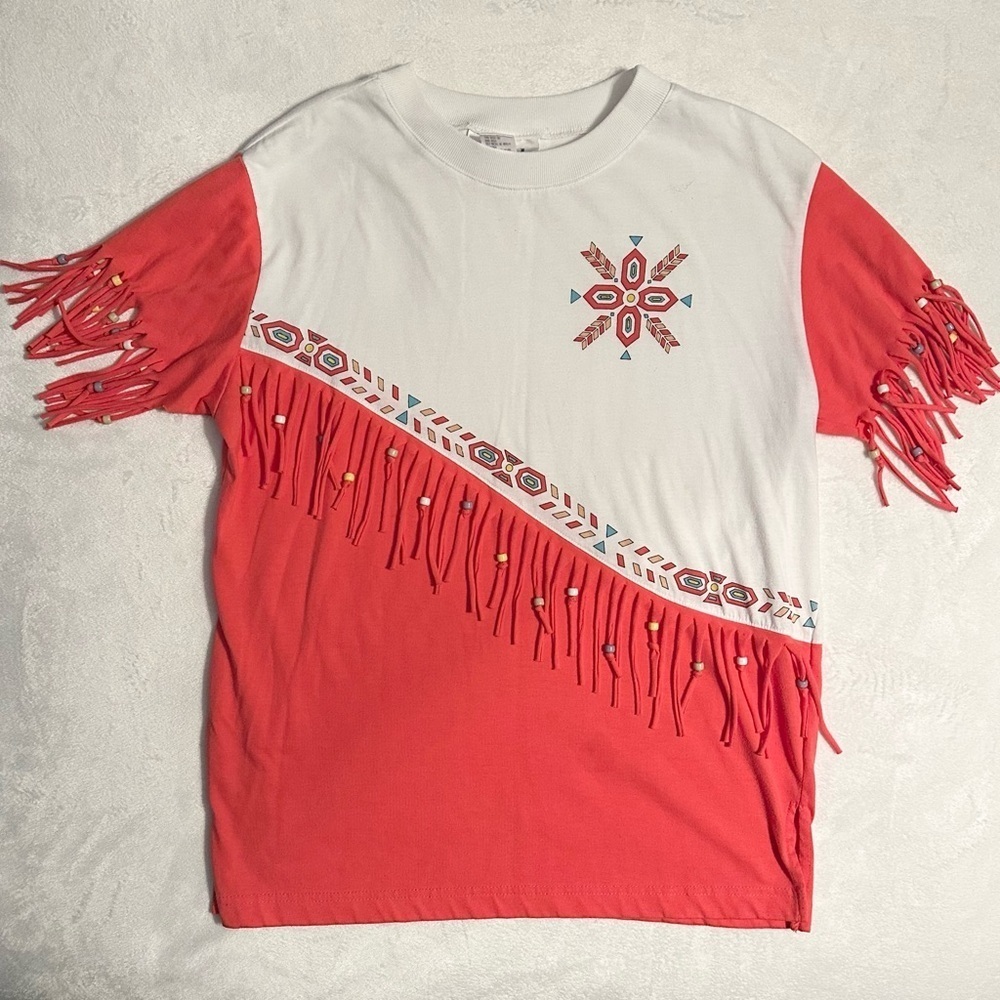 Vintage Rafael Fringe Beads Southwestern Aztec T-Shirt Top Coral White Womens S